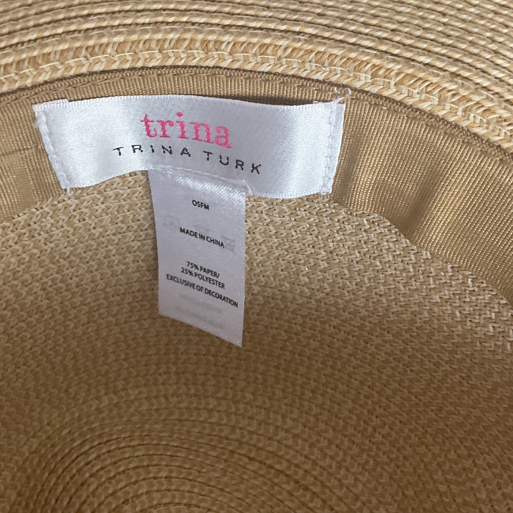Trina Turk Azure Wide Brim Straw Adjustable Fedora with Pink Patterned Band NWT - Picture 7 of 9